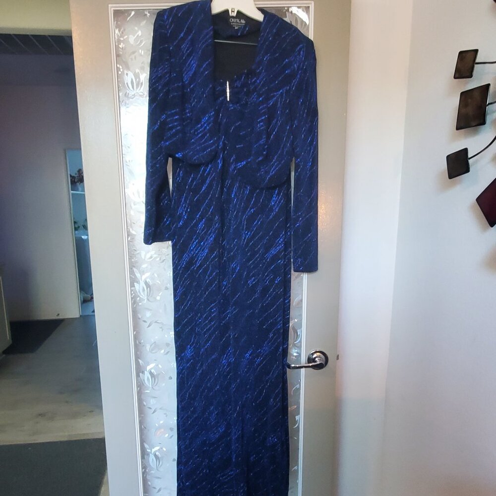 Onyx Nite Blue and Black Sparkle Long Dress with Jacket